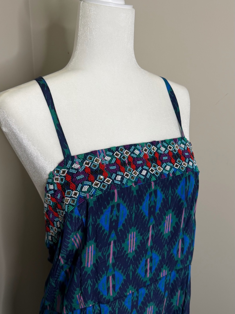 FIGUE Beaded Blue & Multicolor Patterned Spaghetti Strap Dress